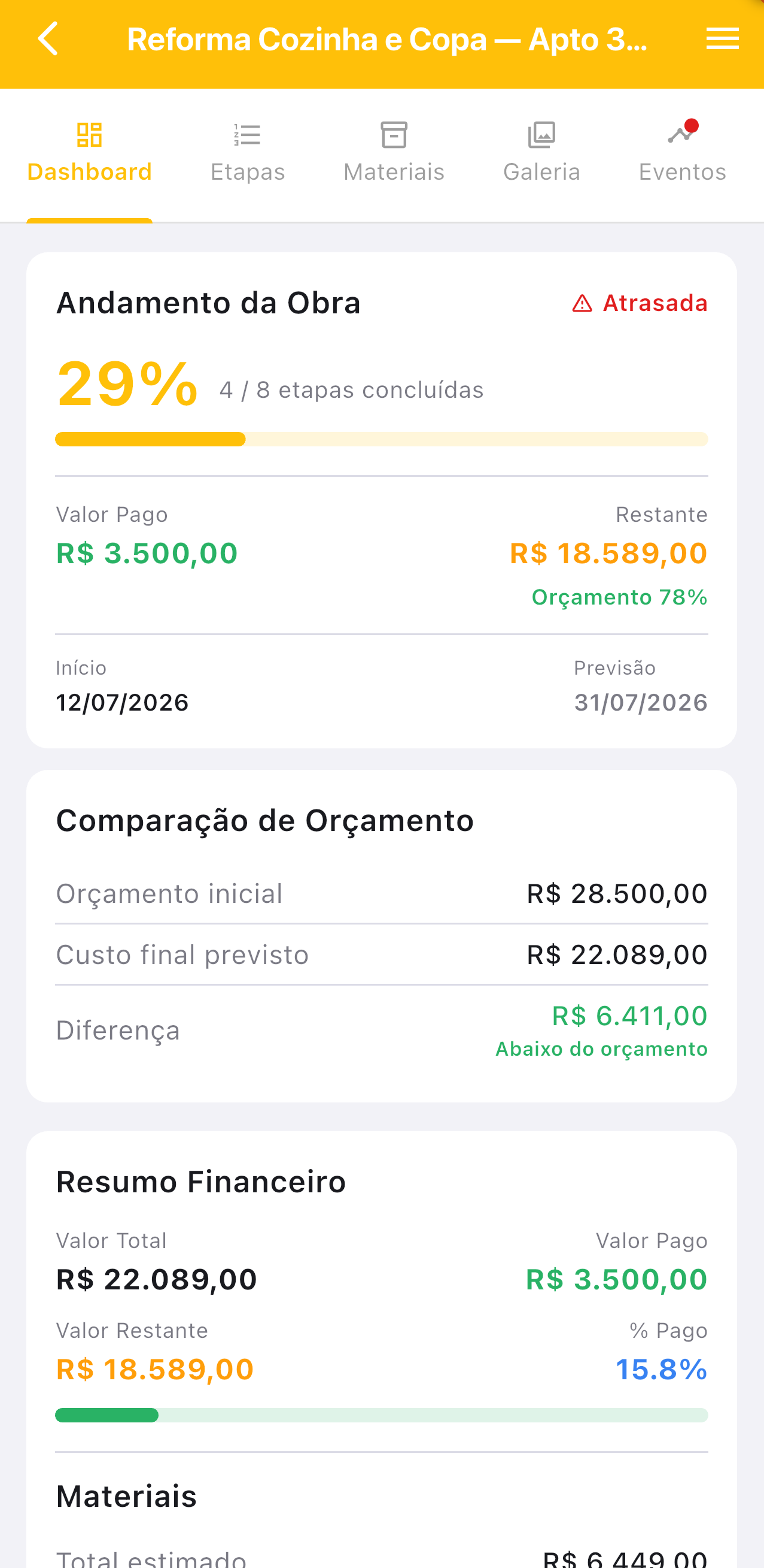 Dashboard financeiro no app Reformei