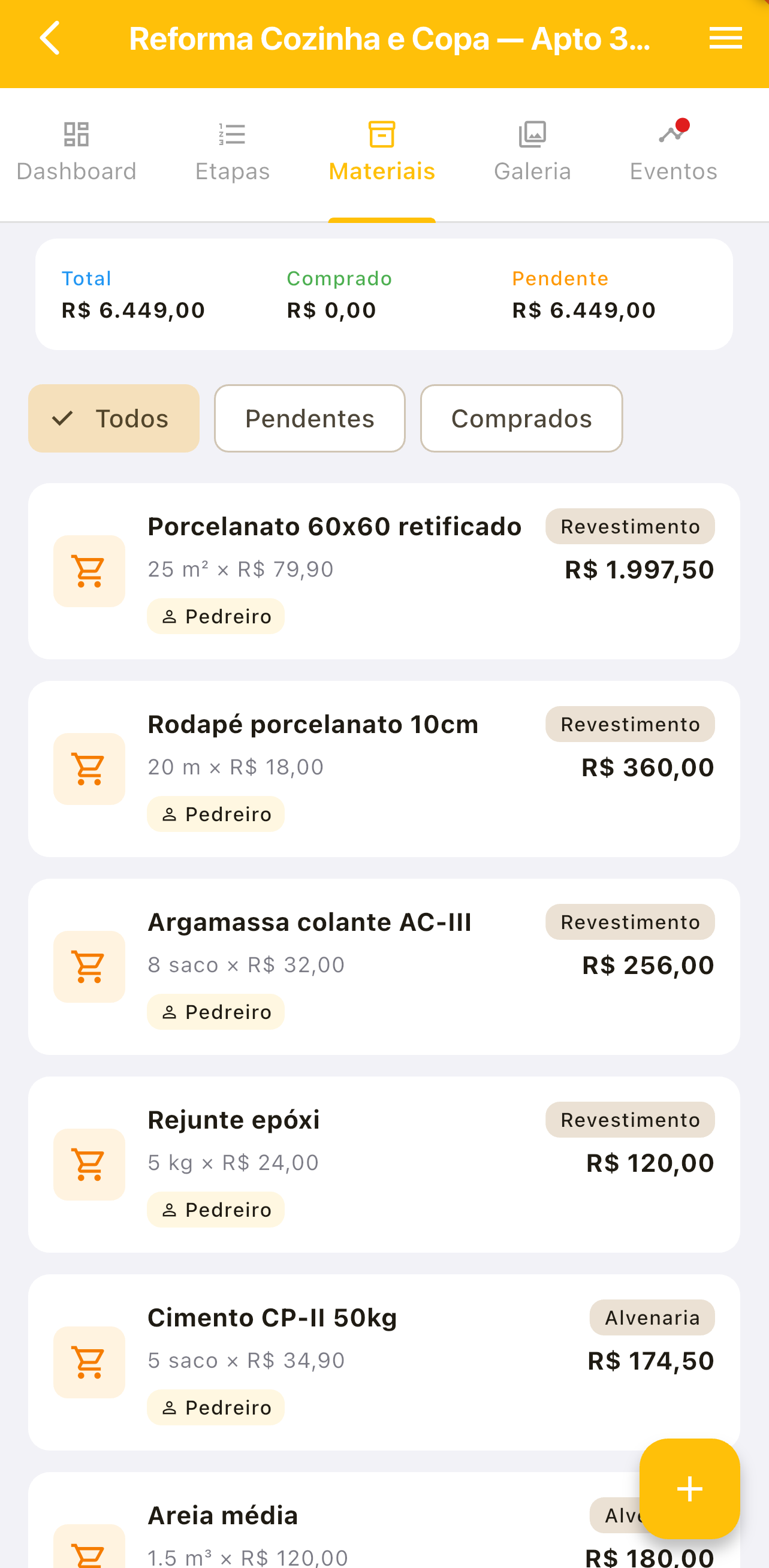 Materiais da obra no Reformei