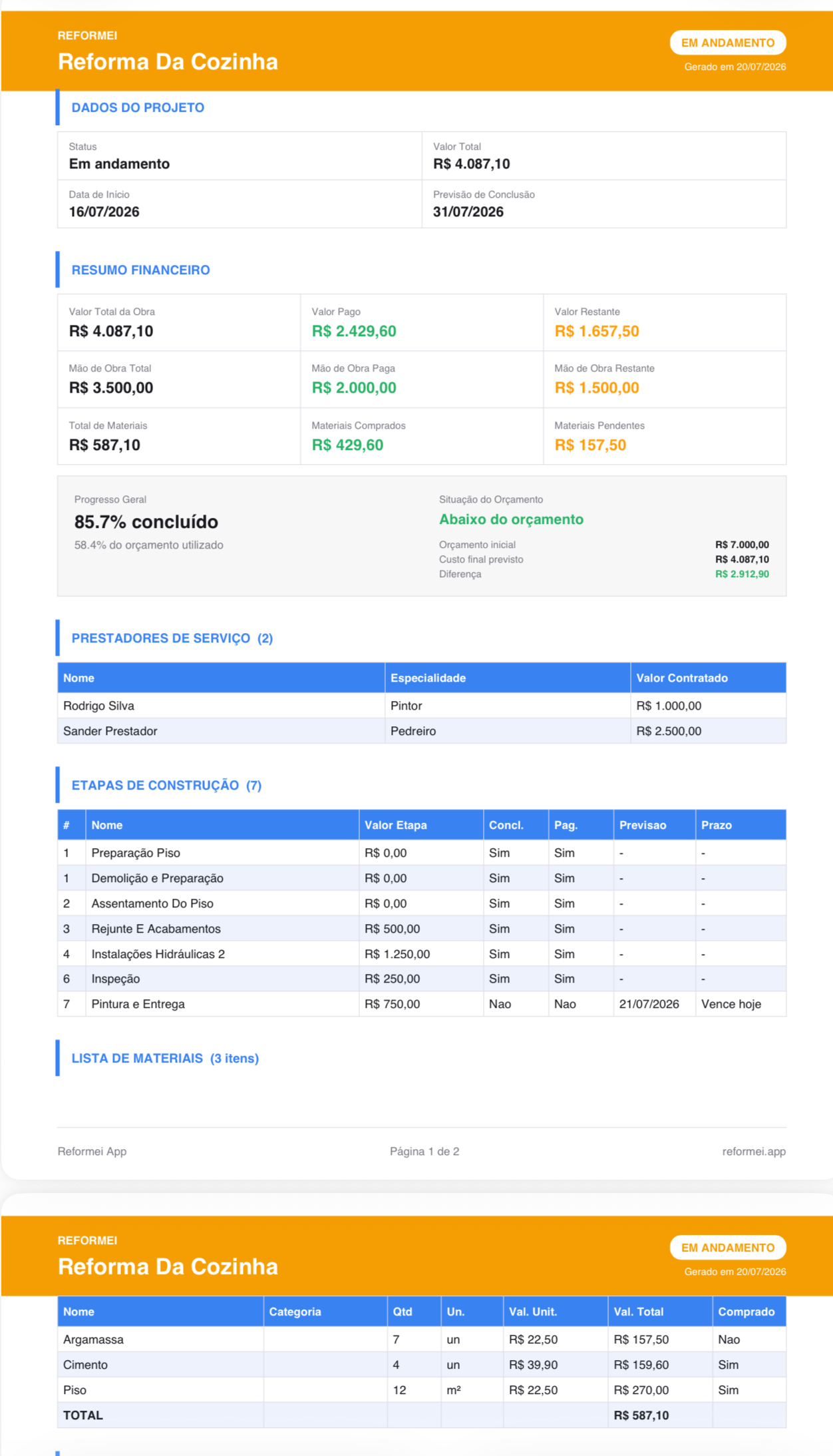Relatório PDF no Reformei